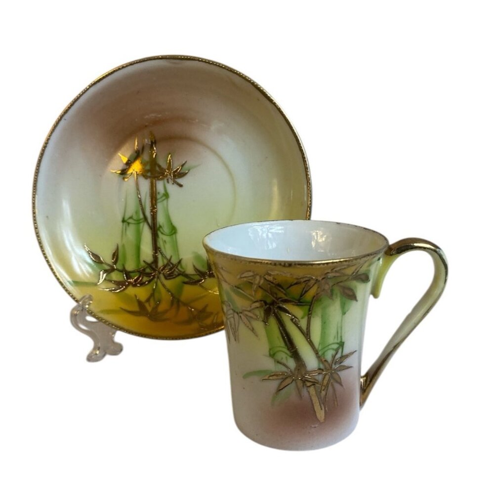 Vtg Hand Painted Raised Gold Gilt Bamboo Design Demitasse Cup & Saucer Japan